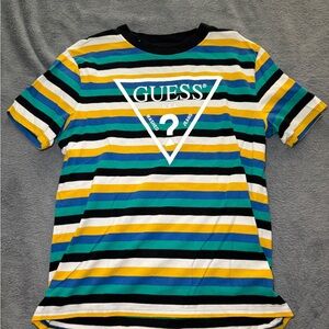 GUESS Multicolor Striped Logo Tee in Green, Teal, Yellow, Blue, Black & White